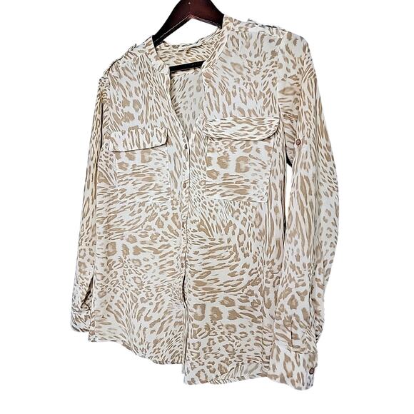 Calvin Klein Womens Small Animal Print Ivory/Beige Buttonup Rollup Sleeve Blouse - Picture 2 of 9